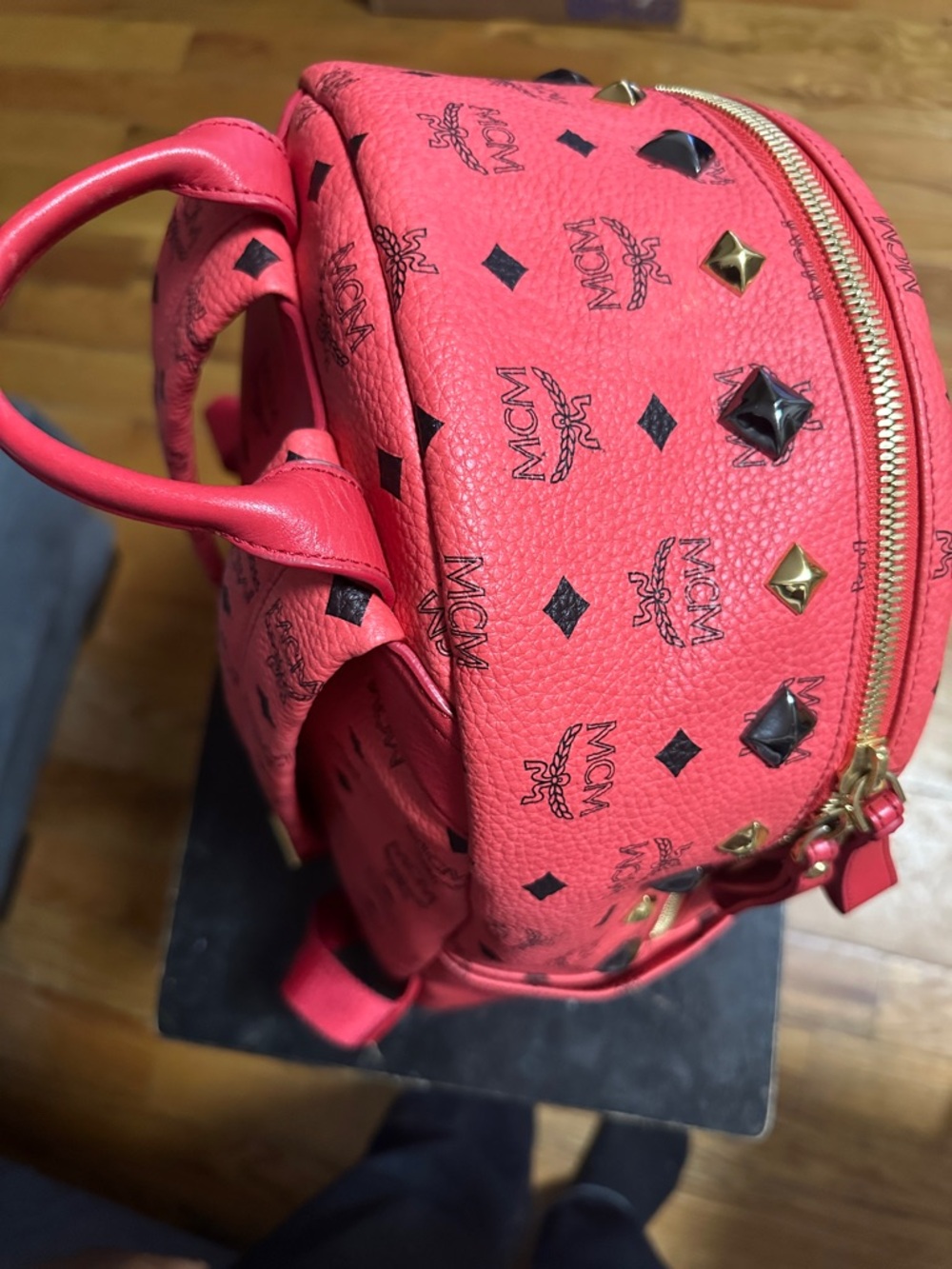 MCM Red Studded Logo Stark Backpack - Picture 6 of 8